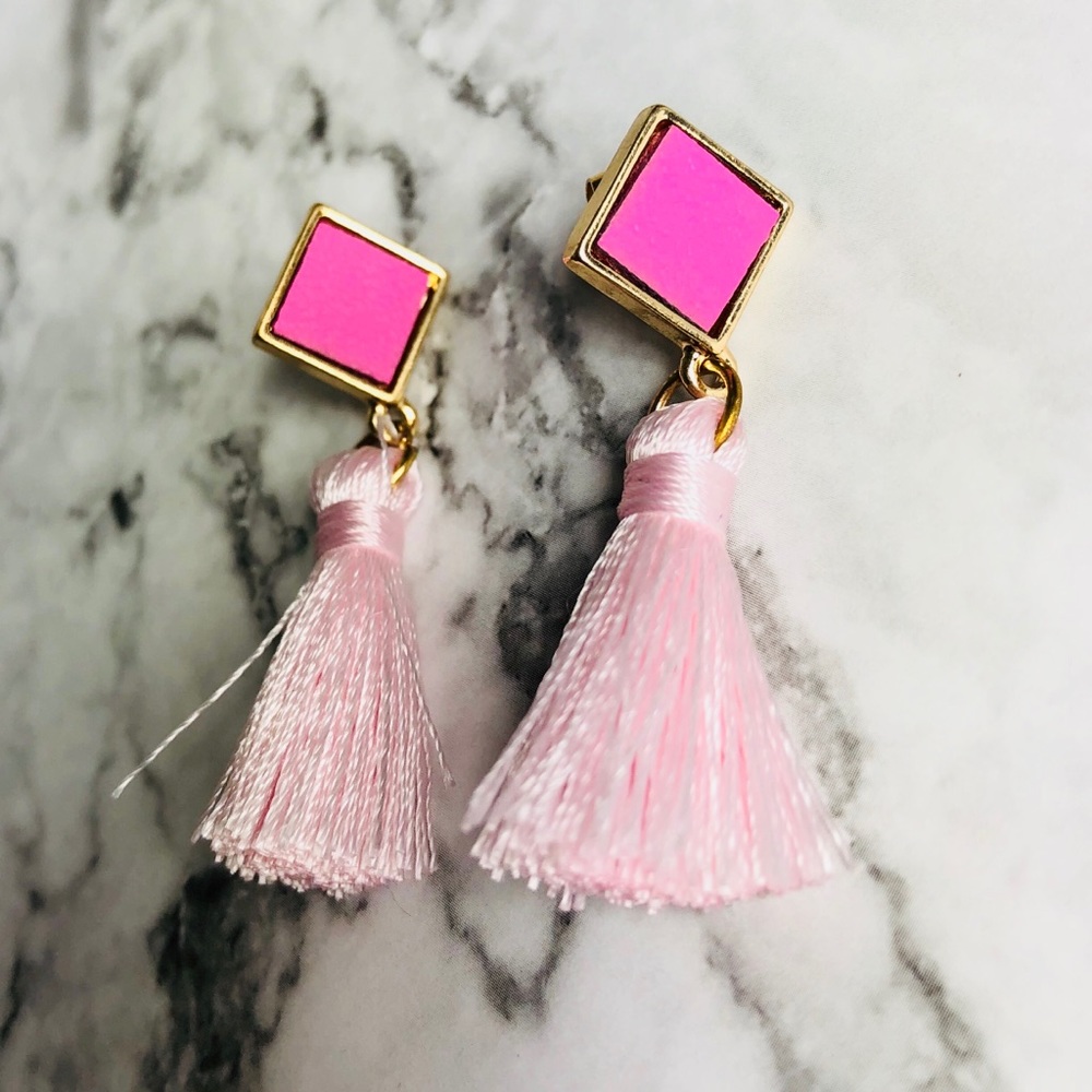 New! Pink Square Tassels Drop Earrings in Gold.
